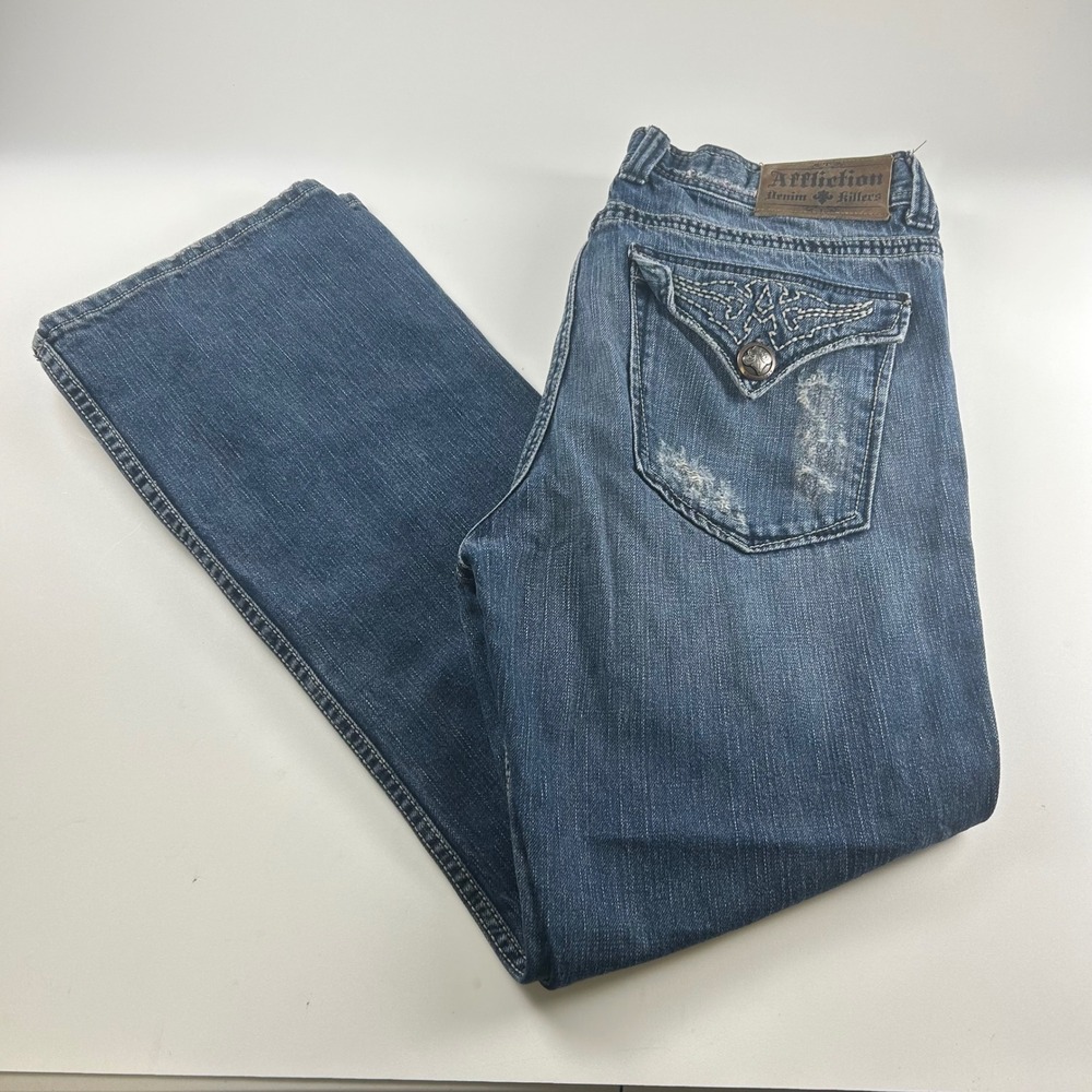Affliction Mens 36x32 Denim Killers  Distressed Straight Leg Jeans Y2K Skate
